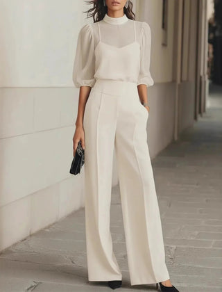 Women's Elegant Patchwork Jumpsuit | Sophisticated Long Sleeve Wide Leg Design 1