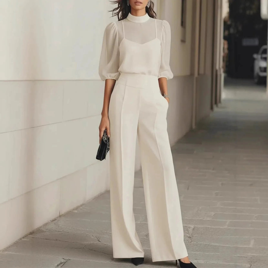 Women's Elegant Patchwork Jumpsuit | Sophisticated Long Sleeve Wide Leg Design 1