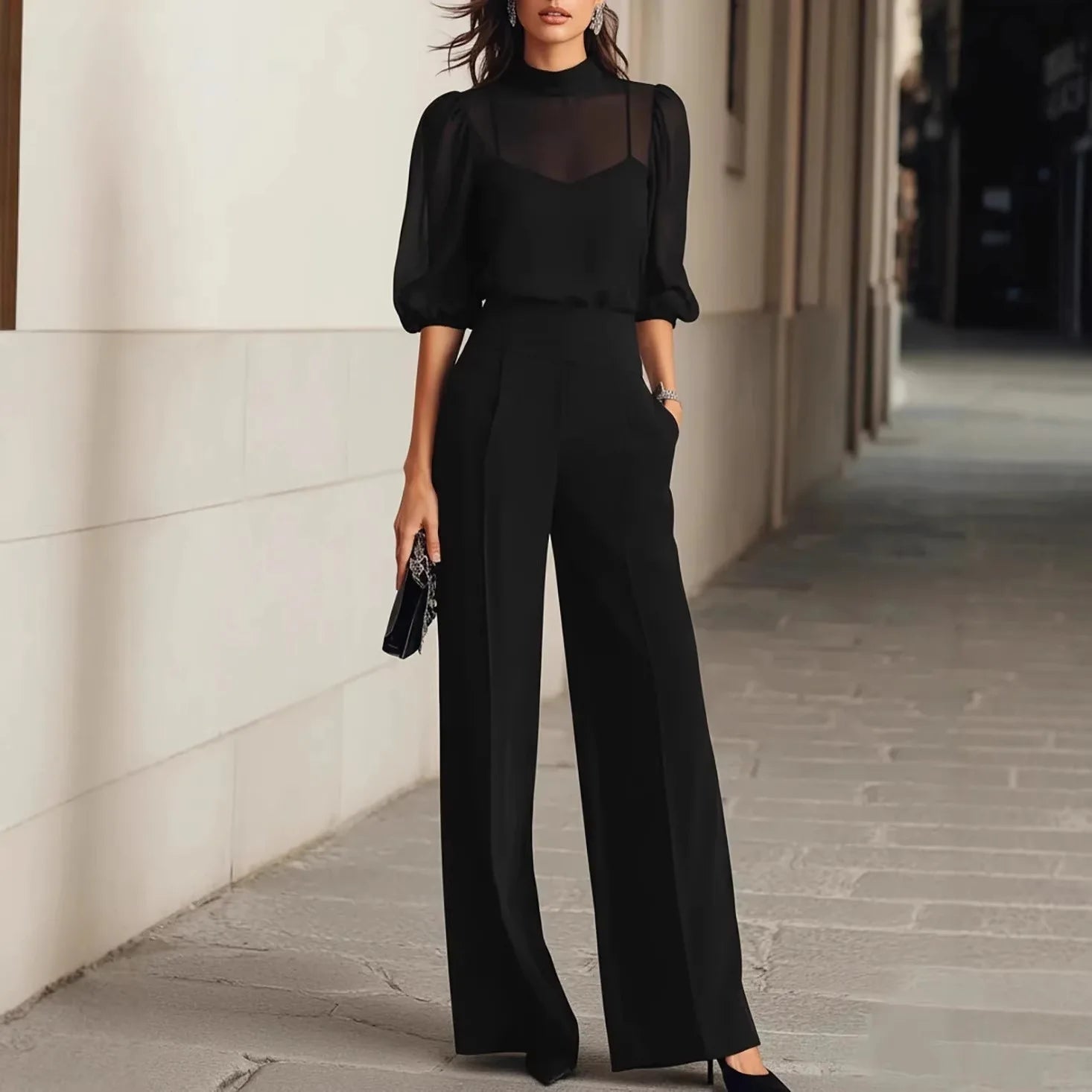 Women's Elegant Patchwork Jumpsuit | Sophisticated Long Sleeve Wide Leg Design 2