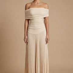Women's Elegant Pleated Maxi Dress | Off-Shoulder Formal Gown for Weddings 0