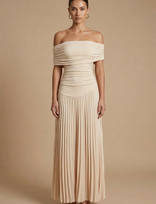 Women's Elegant Pleated Maxi Dress | Off-Shoulder Formal Gown for Weddings 0