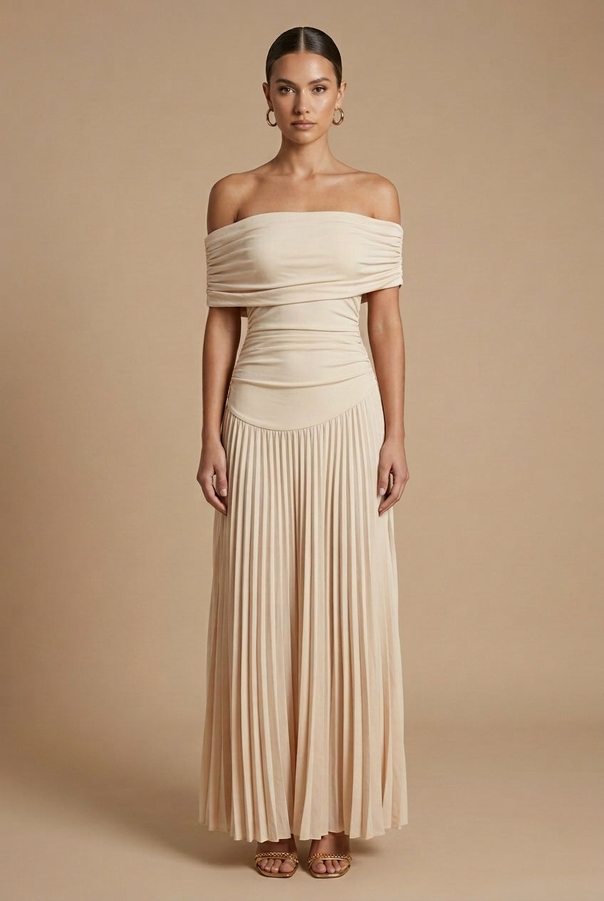 Women's Elegant Pleated Maxi Dress | Off-Shoulder Formal Gown for Weddings 0