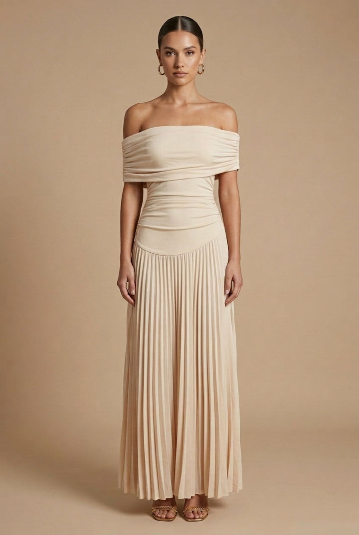 Women's Elegant Pleated Maxi Dress | Off-Shoulder Formal Gown for Weddings 0