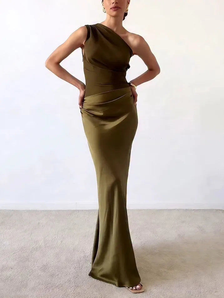 Women's Elegant Pleated Maxi Dress | One-Shoulder Formal Gown 1