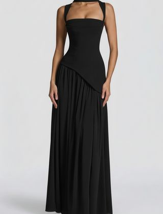 Women's Elegant Pleated Maxi Dress | Sophisticated Square Neck Formal Gown 0