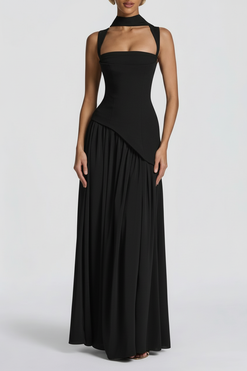 Women's Elegant Pleated Maxi Dress | Sophisticated Square Neck Formal Gown 0