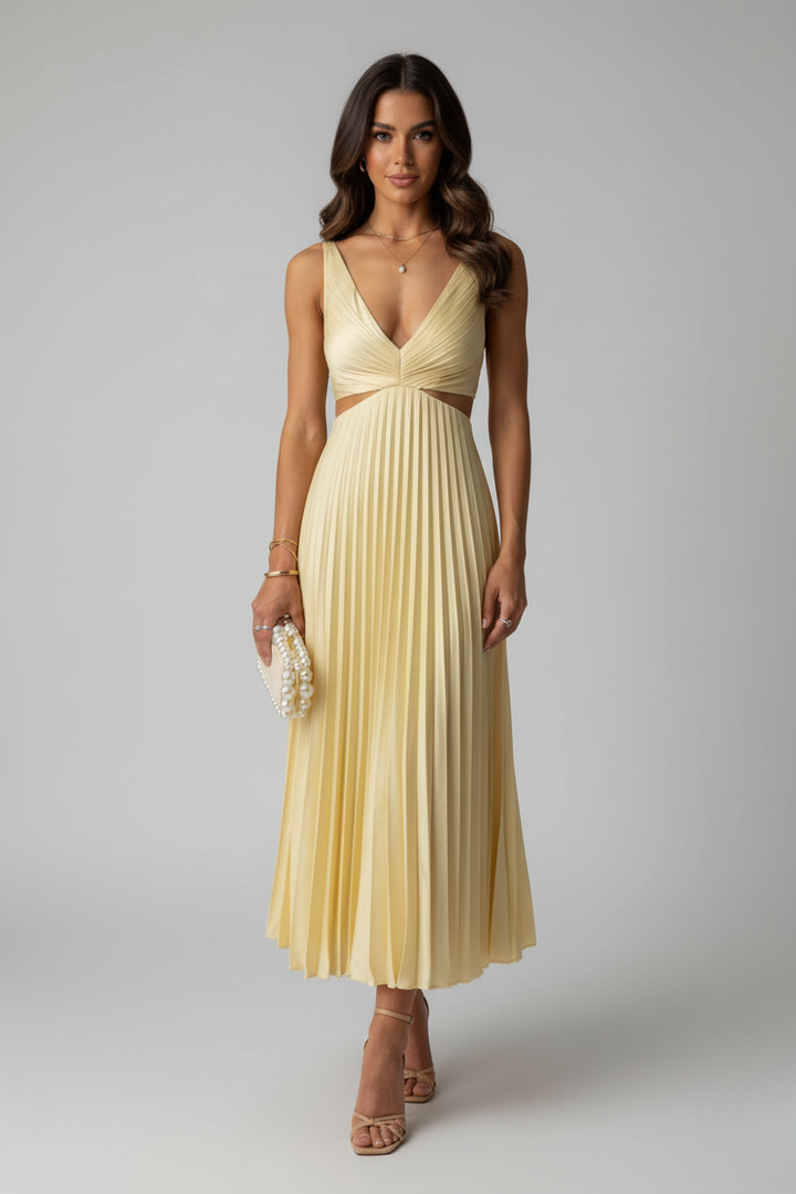 Women's Elegant Pleated Maxi Dress | Sophisticated V-Neck Evening Gown 0