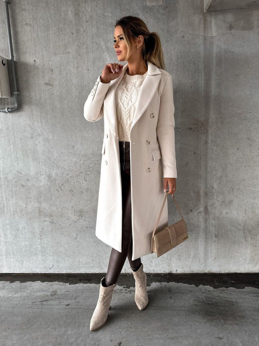 Women's Elegant Polyester Long-Line Coat | Classic Double-Breasted Winter Outerwear 0
