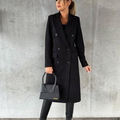 Women's Elegant Polyester Long-Line Coat | Classic Double-Breasted Winter Outerwear 7