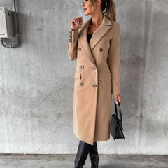 Women's Elegant Polyester Long-Line Coat | Classic Double-Breasted Winter Outerwear 8