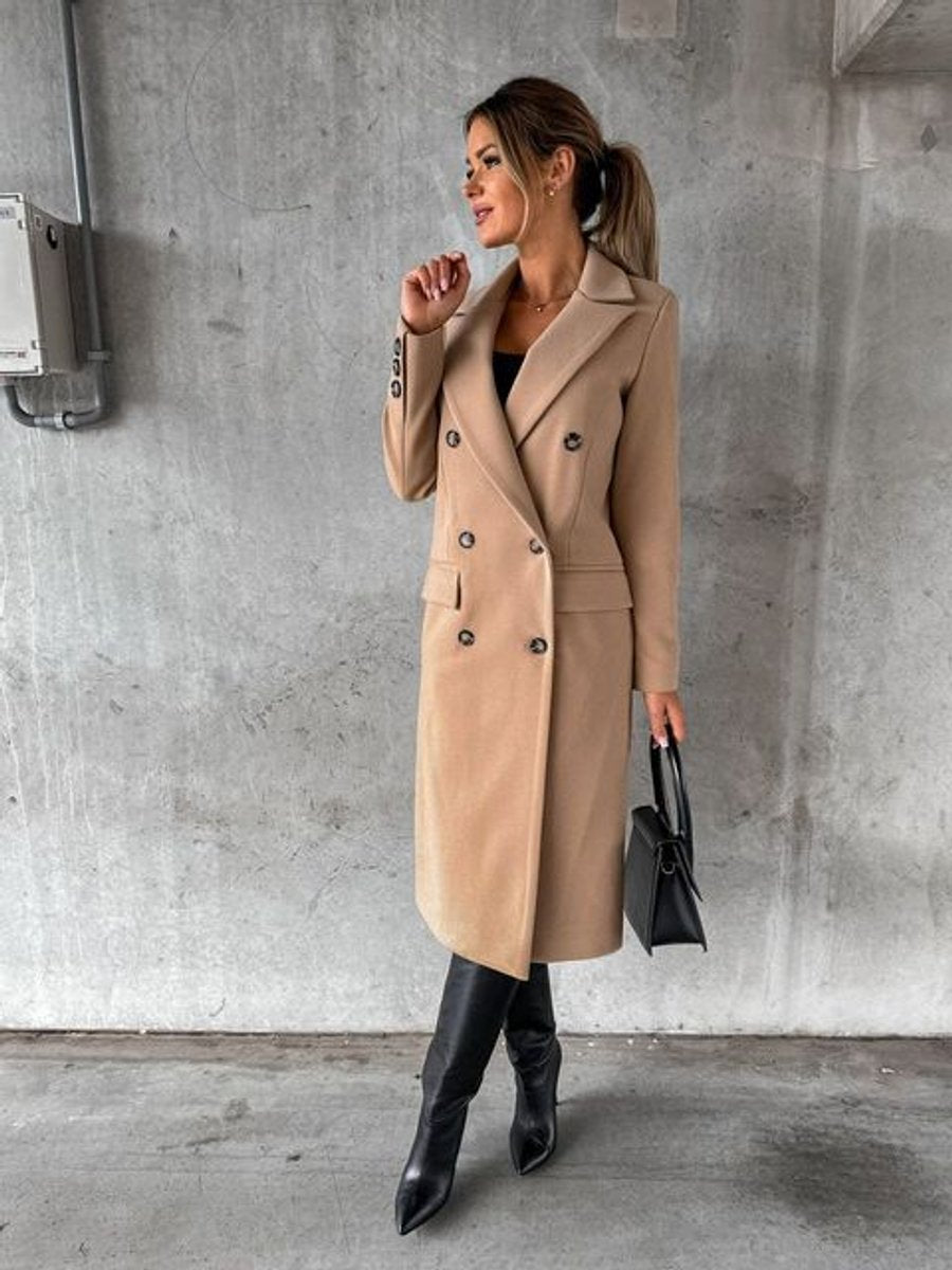 Women's Elegant Polyester Long-Line Coat | Classic Double-Breasted Winter Outerwear 8