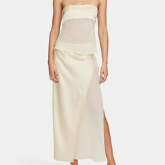 Women's Elegant Polyester Midi Skirt and Top Set | Chic Strapless Asymmetrical Outfit 0