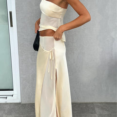 Women's Elegant Polyester Midi Skirt and Top Set | Chic Strapless Asymmetrical Outfit 1