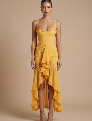 Women's Elegant Ruched Maxi Dress | Sweetheart Neckline with Ruffle Trim for Summer Events 0