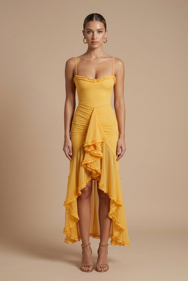 Women's Elegant Ruched Maxi Dress | Sweetheart Neckline with Ruffle Trim for Summer Events 0