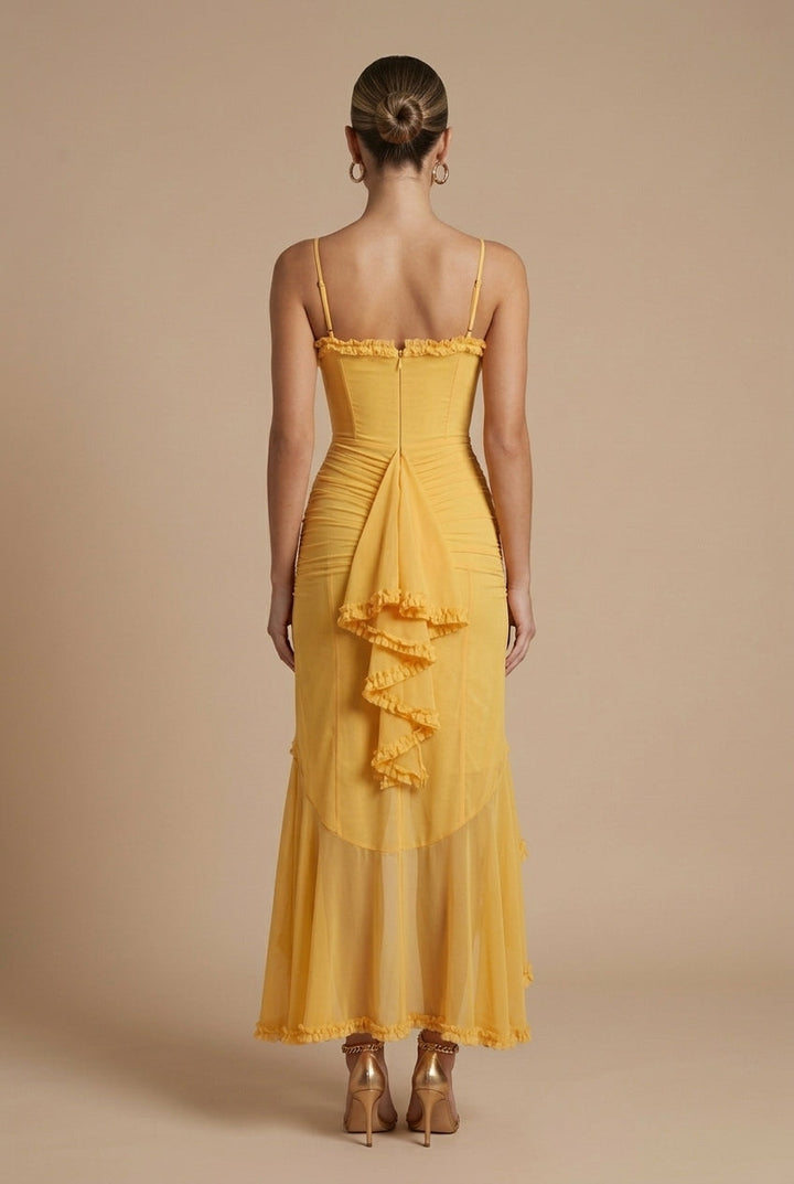 Women's Elegant Ruched Maxi Dress | Sweetheart Neckline with Ruffle Trim for Summer Events 2