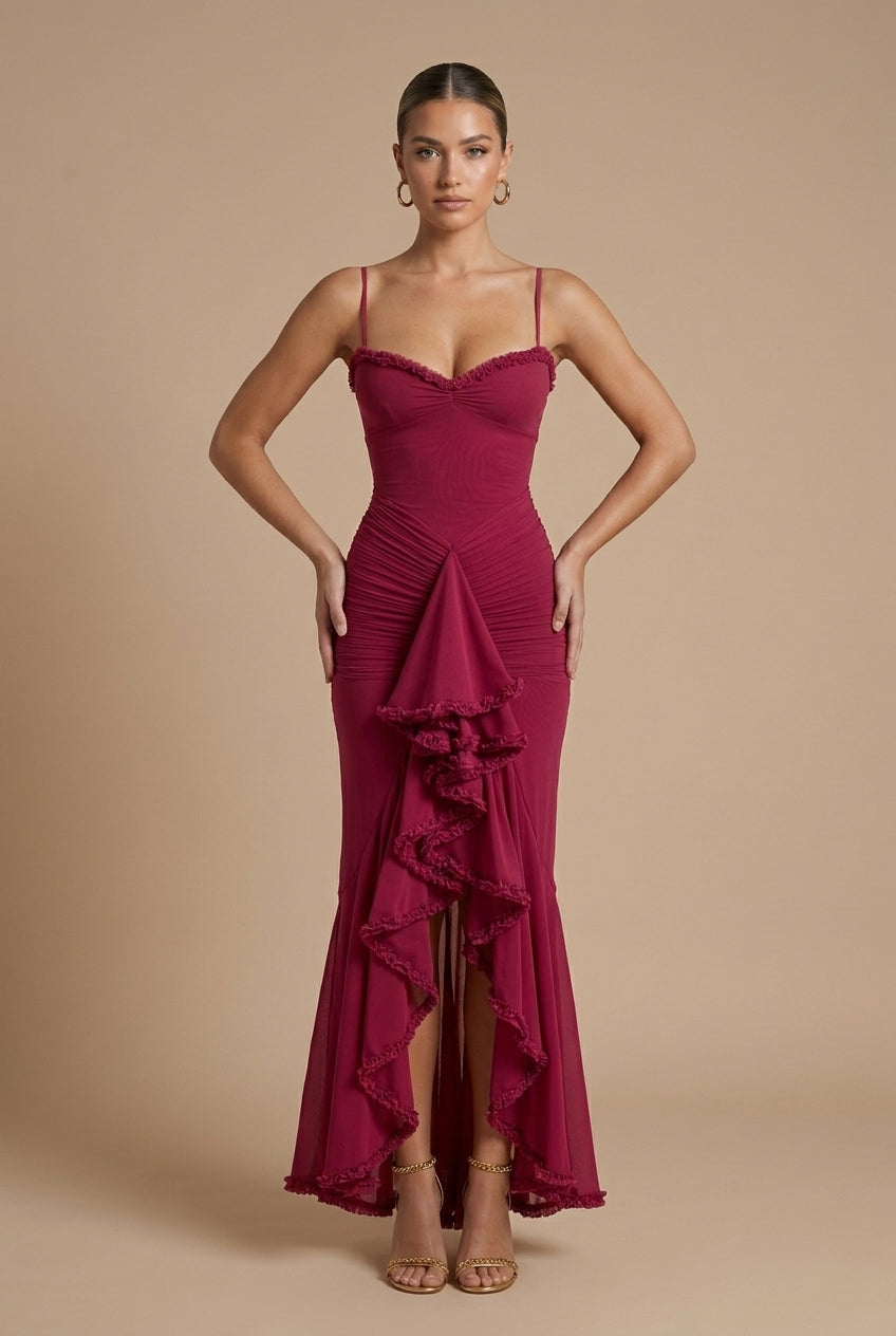 Women's Elegant Ruched Maxi Dress | Sweetheart Neckline with Ruffle Trim for Summer Events 5