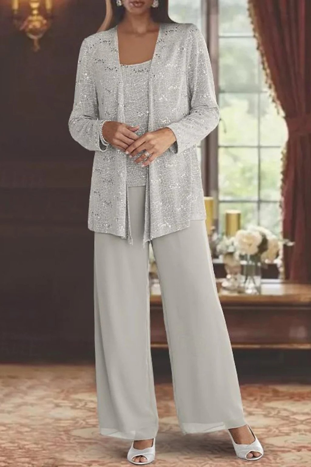 Women's Elegant Sequined Three-Piece Suit | Stylish Wide Leg Pant Set for Special Occasions 1