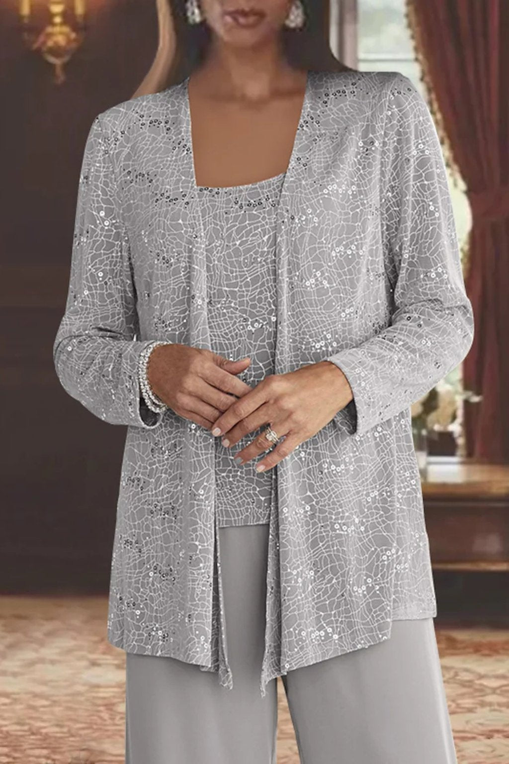 Women's Elegant Sequined Three-Piece Suit | Stylish Wide Leg Pant Set for Special Occasions 2