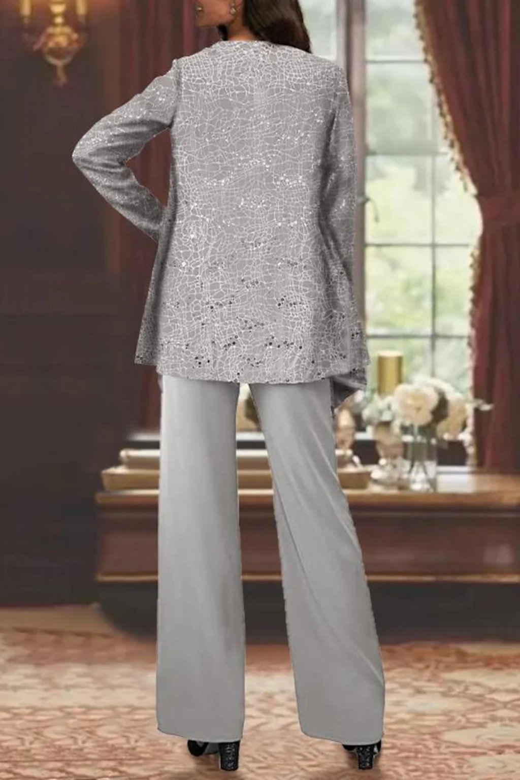 Women's Elegant Sequined Three-Piece Suit | Stylish Wide Leg Pant Set for Special Occasions 3