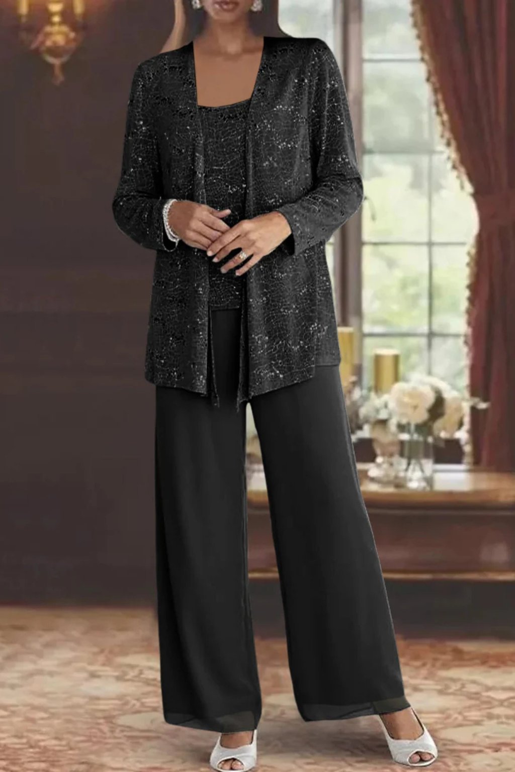 Women's Elegant Sequined Three-Piece Suit | Stylish Wide Leg Pant Set for Special Occasions 5