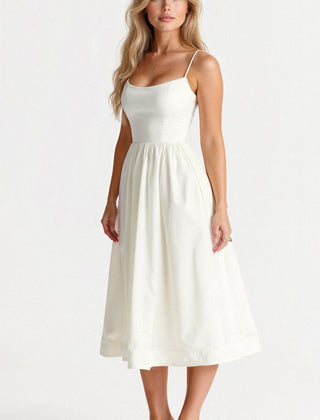 Women's Elegant Spaghetti Strap Midi Dress | Graceful A-Line Summer Cocktail Gown 0