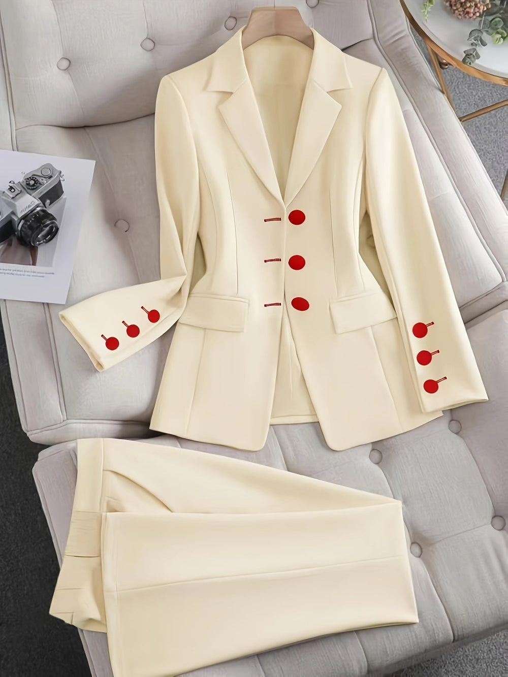 Women's Elegant Tailored Blazer Suit | Chic Beige Two-Piece Pant Suit for Women 1