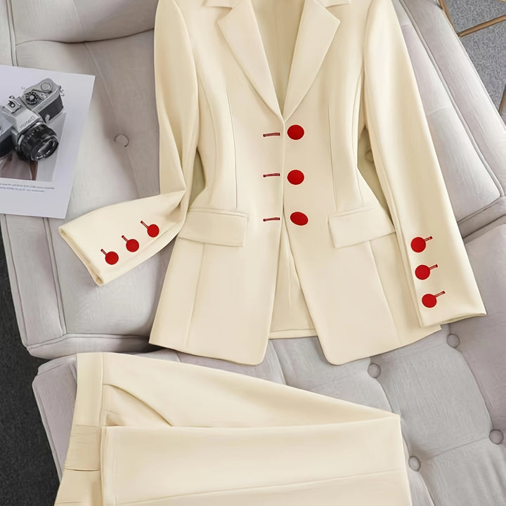 Women's Elegant Tailored Blazer Suit | Chic Beige Two-Piece Pant Suit for Women 3