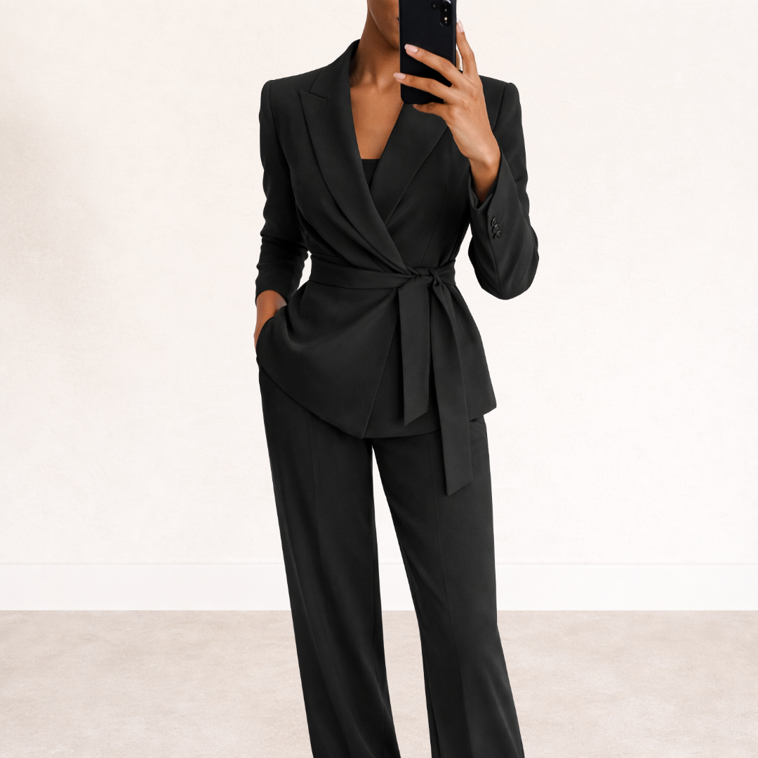 Women's Elegant Two-Piece Suit | Fitted Jacket with Wide Trousers for Sophisticated Style 0