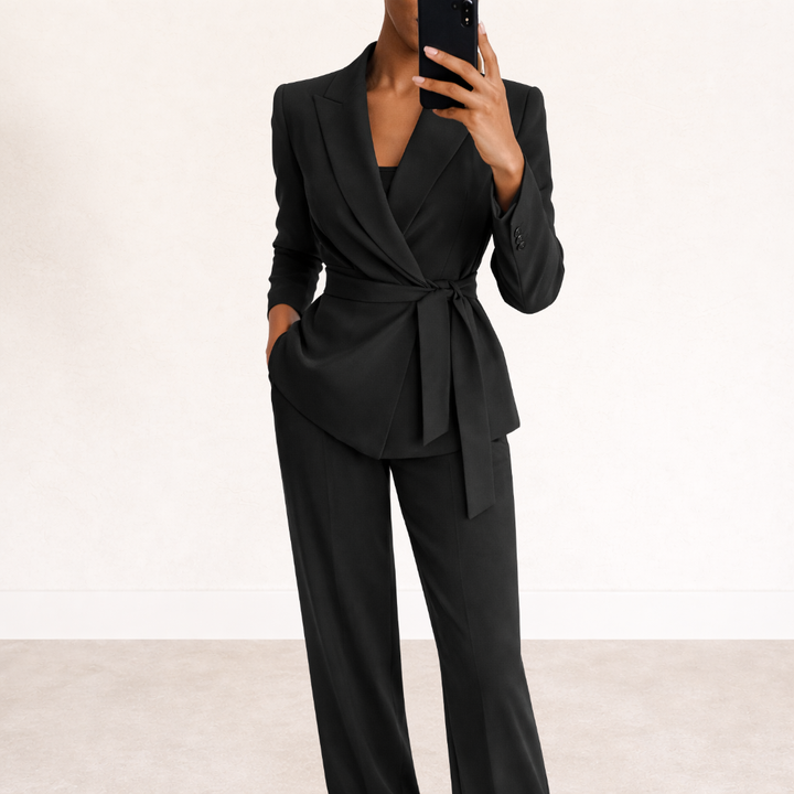 Women's Elegant Two-Piece Suit | Fitted Jacket with Wide Trousers for Sophisticated Style 0