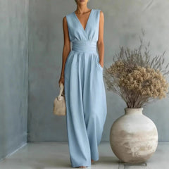 Women's Elegant V-Neck Jumpsuit | Sophisticated Sleeveless Wide-Leg Design 0