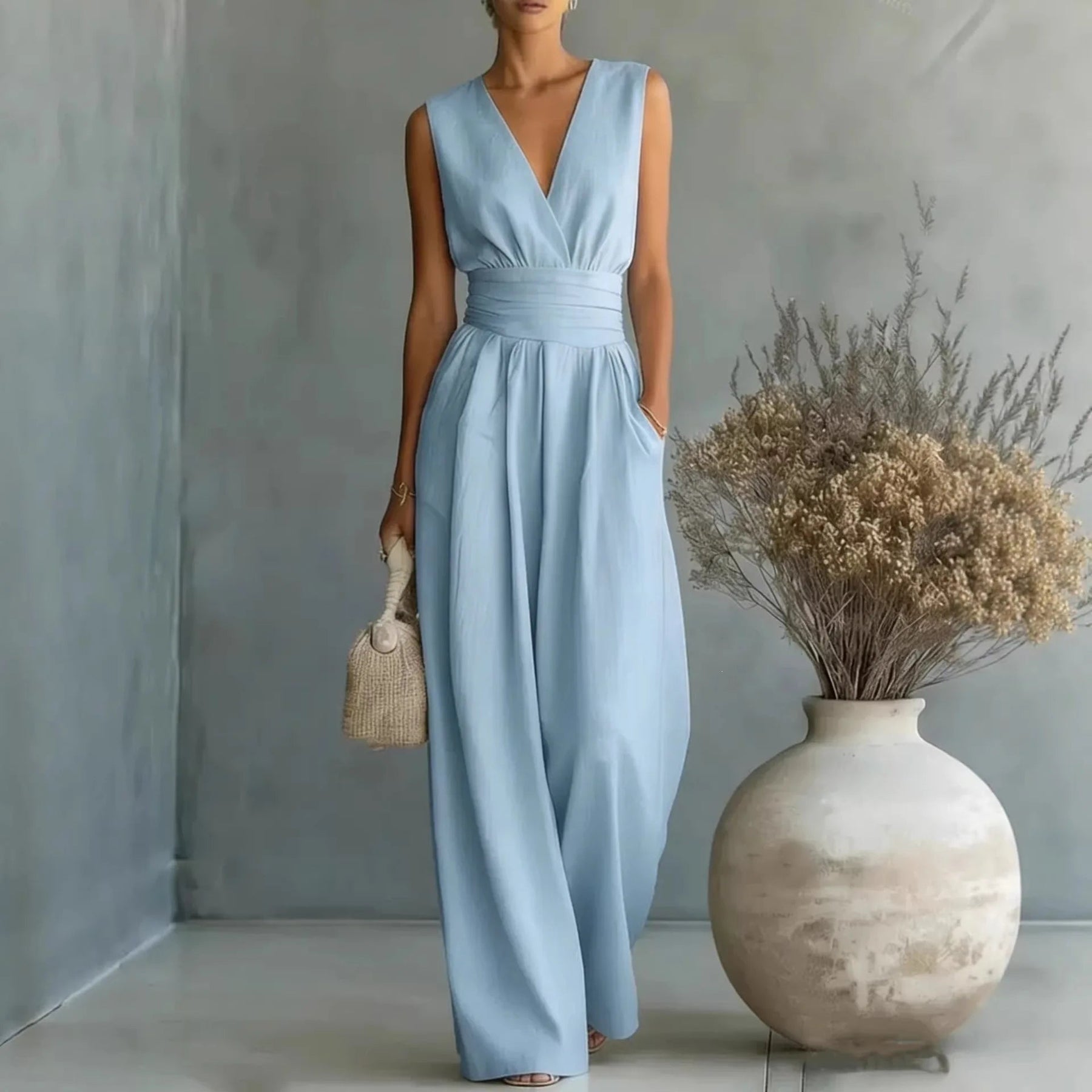 Women's Elegant V-Neck Jumpsuit | Sophisticated Sleeveless Wide-Leg Design 0