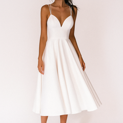 Women's Elegant V-Neck Wedding Dress | Flared Hem Ceremony Gown 1