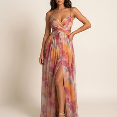 Women's Elegant Watercolor Maxi Dress | Graceful Spaghetti Strap Evening Gown 0