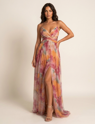 Women's Elegant Watercolor Maxi Dress | Graceful Spaghetti Strap Evening Gown 0
