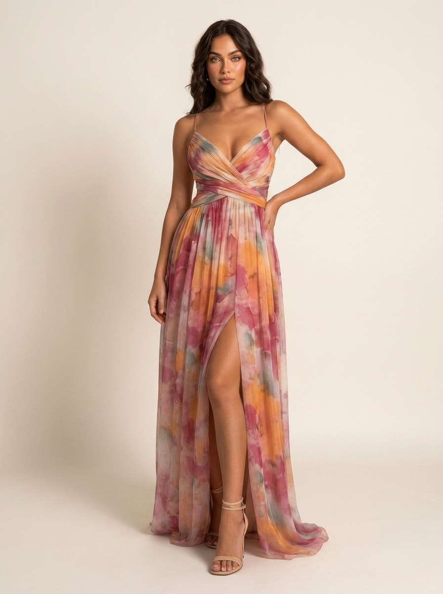 Women's Elegant Watercolor Maxi Dress | Graceful Spaghetti Strap Evening Gown 0