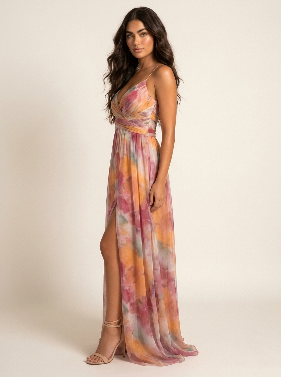 Women's Elegant Watercolor Maxi Dress | Graceful Spaghetti Strap Evening Gown 1