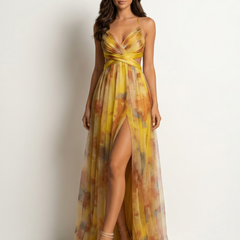 Women's Elegant Watercolor Maxi Dress | Graceful Spaghetti Strap Evening Gown 4