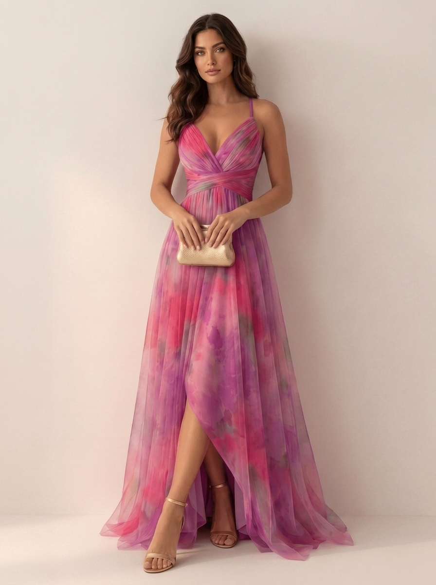 Women's Elegant Watercolor Maxi Dress | Graceful Spaghetti Strap Evening Gown 6