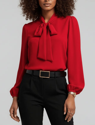 Women's Elegant White Blouse | Relaxed-Fit Long Sleeve Top with Bow-Tie Neck 0