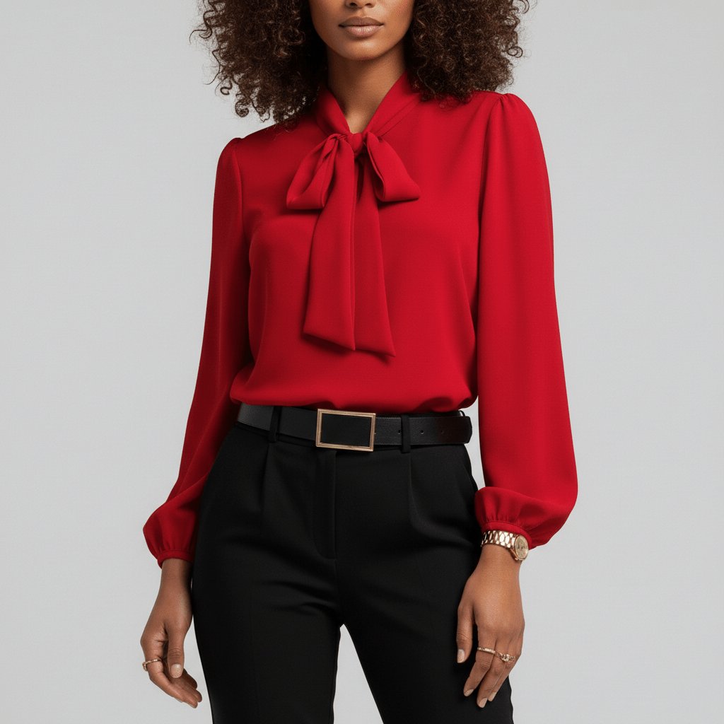 Women's Elegant White Blouse | Relaxed-Fit Long Sleeve Top with Bow-Tie Neck 0