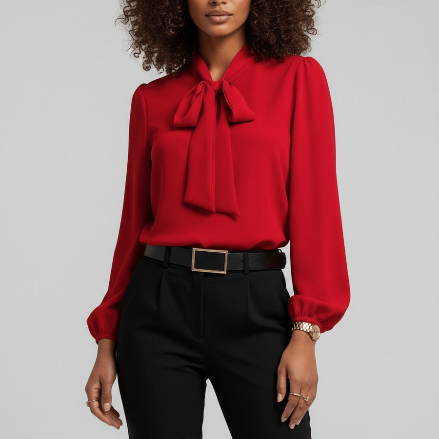 Women's Elegant White Blouse | Relaxed-Fit Long Sleeve Top with Bow-Tie Neck 0