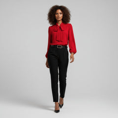 Women's Elegant White Blouse | Relaxed-Fit Long Sleeve Top with Bow-Tie Neck 1
