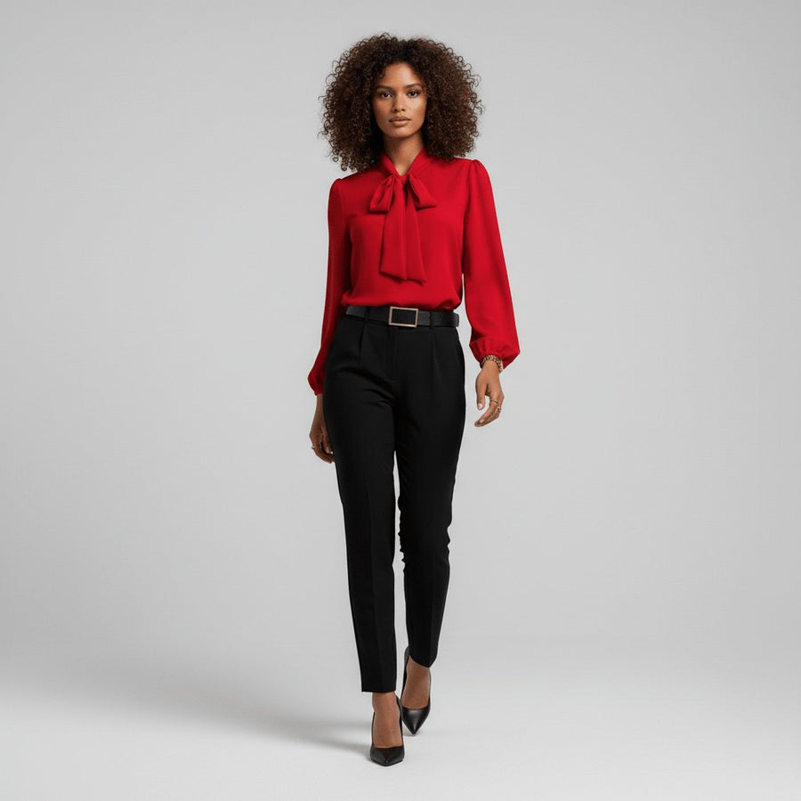 Women's Elegant White Blouse | Relaxed-Fit Long Sleeve Top with Bow-Tie Neck 1