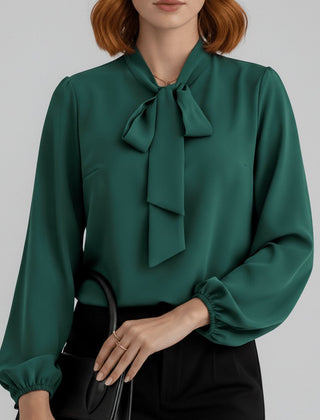 Women's Elegant White Blouse | Relaxed-Fit Long Sleeve Top with Bow-Tie Neck 3