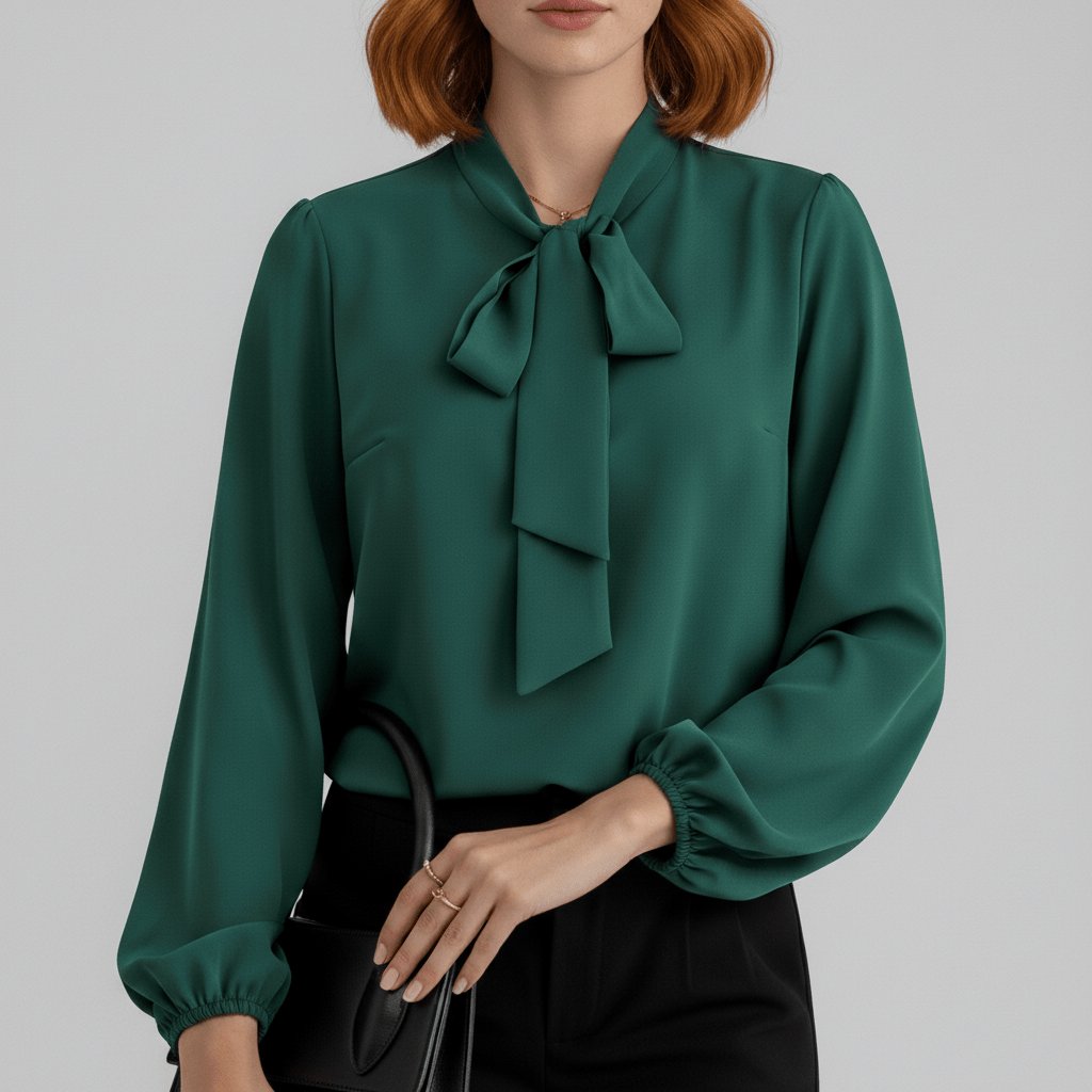Women's Elegant White Blouse | Relaxed-Fit Long Sleeve Top with Bow-Tie Neck 3