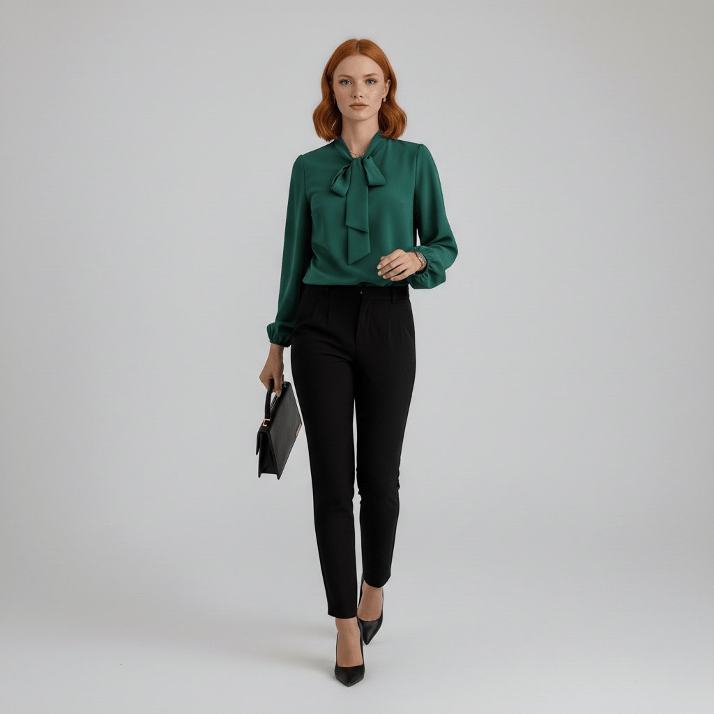 Women's Elegant White Blouse | Relaxed-Fit Long Sleeve Top with Bow-Tie Neck 4