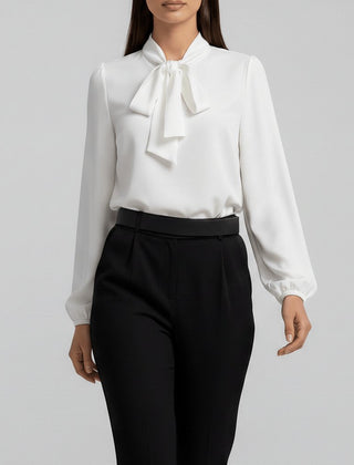Women's Elegant White Blouse | Relaxed-Fit Long Sleeve Top with Bow-Tie Neck 6