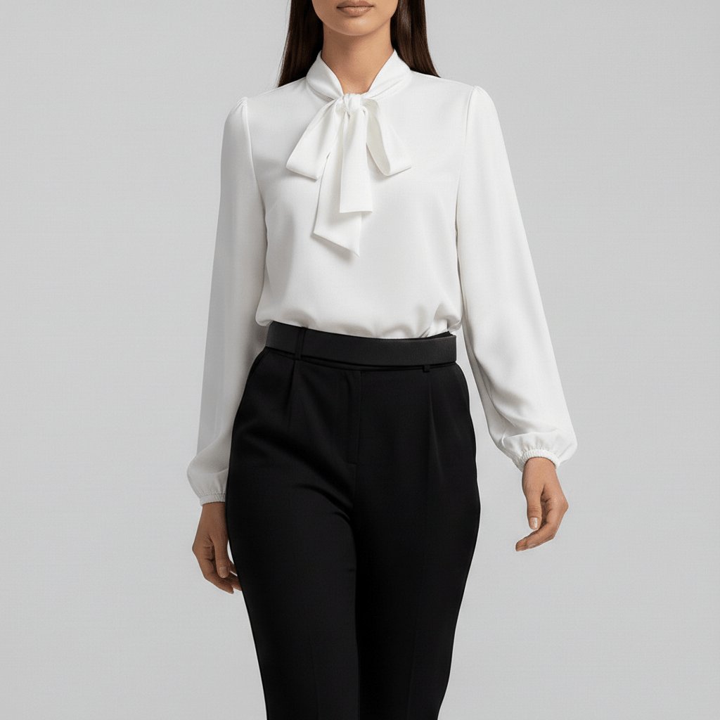 Women's Elegant White Blouse | Relaxed-Fit Long Sleeve Top with Bow-Tie Neck 6