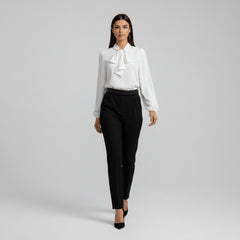 Women's Elegant White Blouse | Relaxed-Fit Long Sleeve Top with Bow-Tie Neck 7